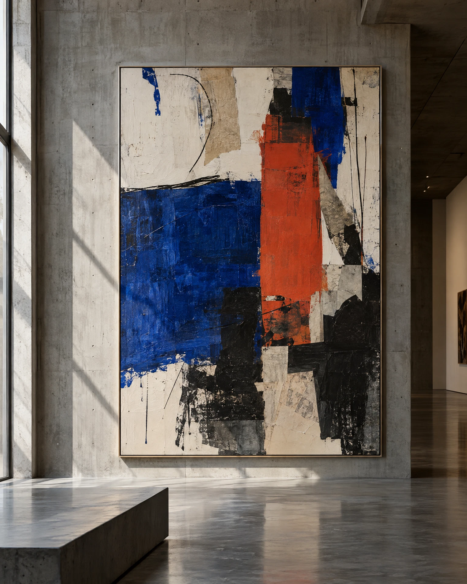 Abstract blue, red and ivory JMUR artwork in a sunlit gallery