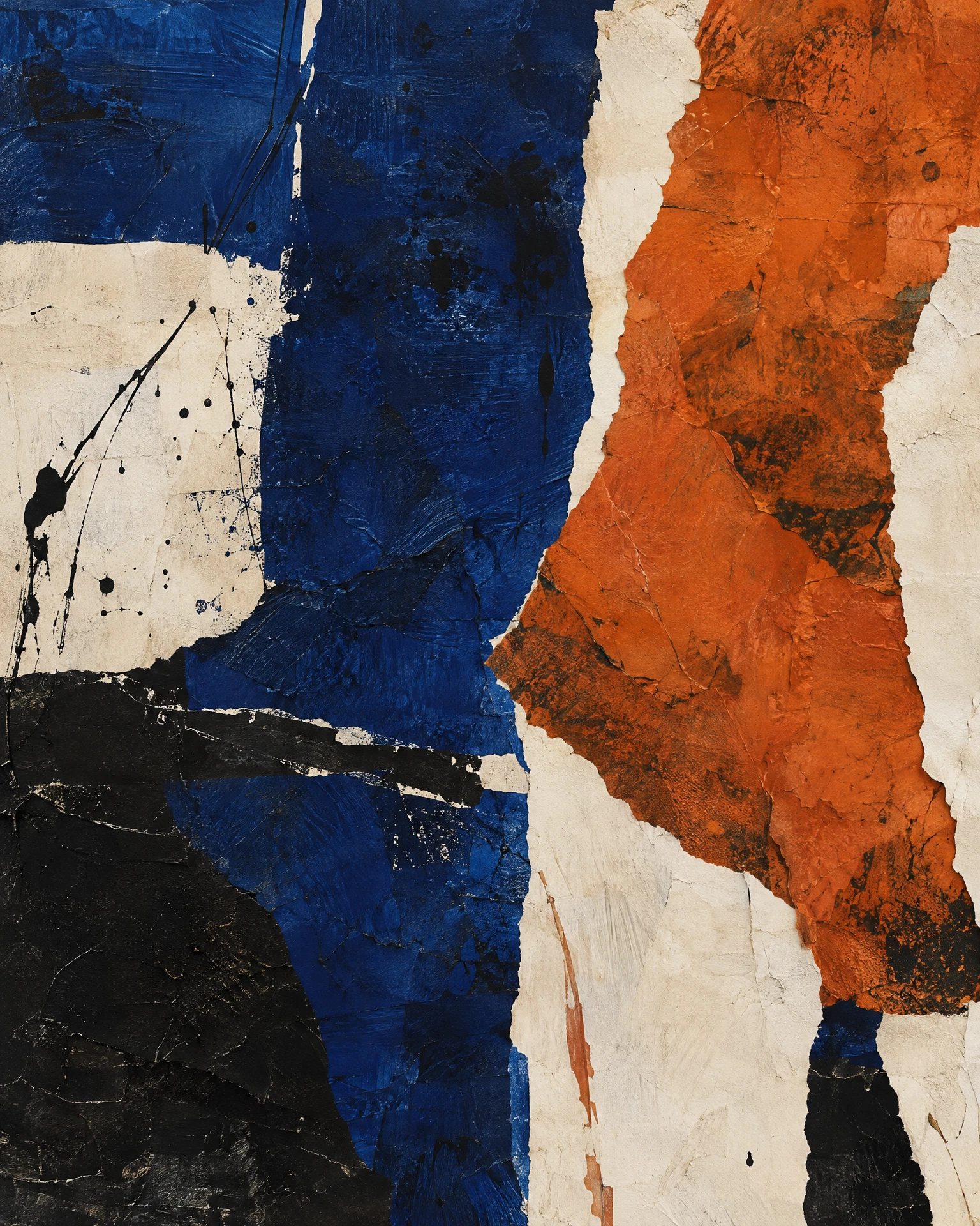 Close crop of a gestural blue and rust abstract artwork